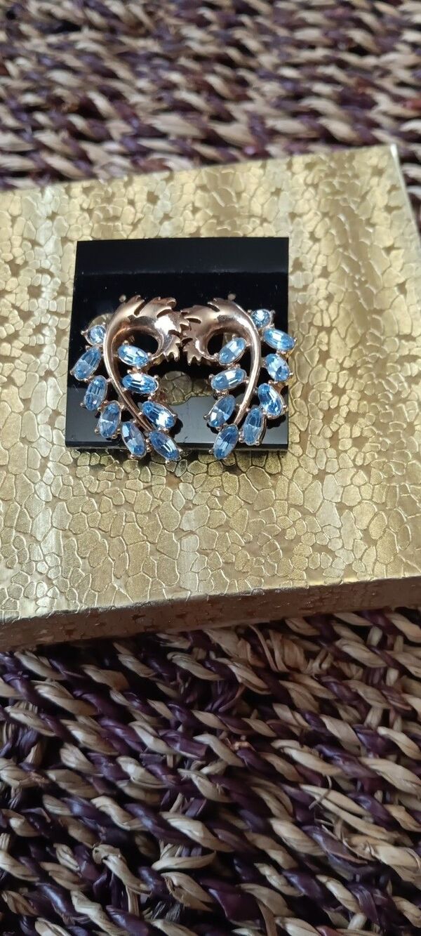Hollycraft Clip On Earrings Gold Tone Light Blue Stones Leaf Design
